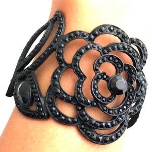 Floral black cuff bracelet with black stones